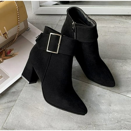 2022 bottes pour femmes décontracté daim talon carré talons hauts bottes  pour femmes bout pointu en caoutchouc bottines noir Zapatos Mujer | Walmart  Canada