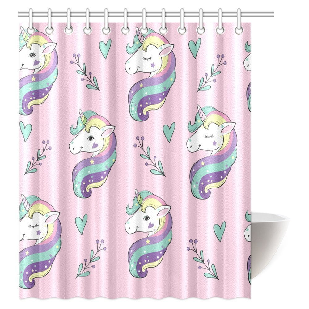 Cartoon Cute Unicorn Listening Music Waterproof Fabric Shower Curtain Set 72x72" 