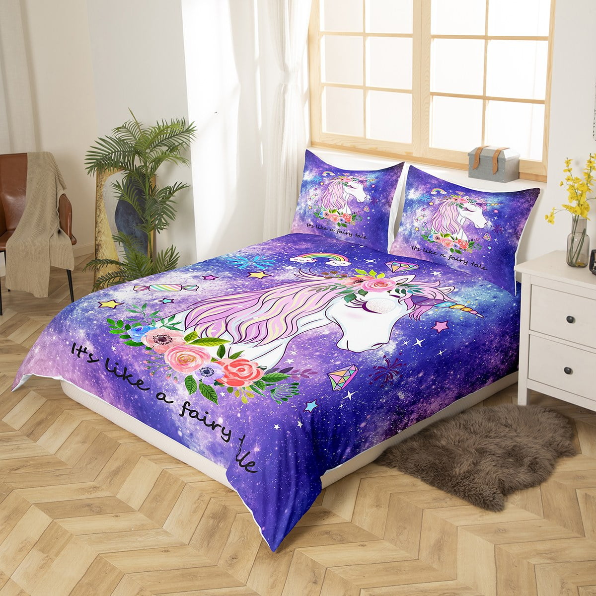Little Unicorn Bedding Set Blue Galaxy Comforter Cover for Kids
