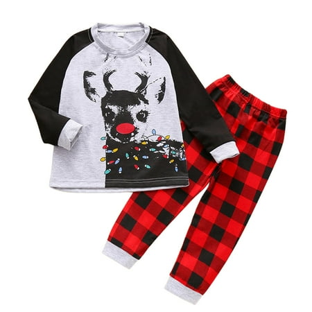 

Honeeladyy Christmas Kids Deer Printed T-shirts Top+Plaid Print Pants Clothes Outfit set Gray