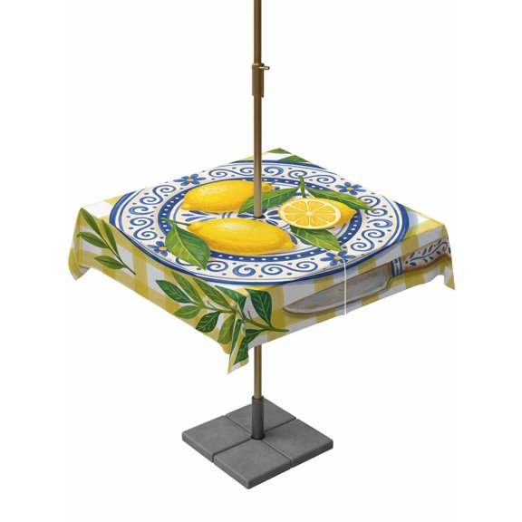 Outdoor Tablecloth with Umbrella Hole for Patio/Picnic/Party/Camping, Lemon Floral Summer Waterproof Table Cloth Square Cover Washable, Yellow Plaid Leaves Flower (60"x 60")