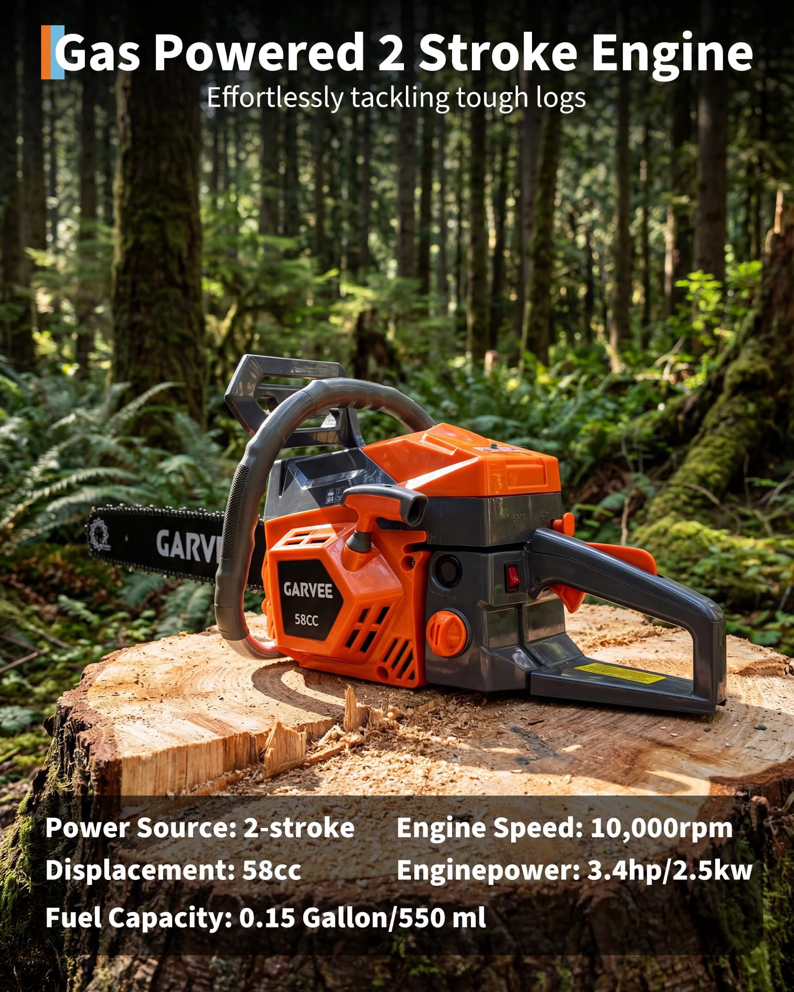 58cc Gas Chainsaw Tool Set – 2-Stroke Engine, 16/18/20-Inch Bar, Auto Chain Lubrication, Chain Brake, Heavy-Duty Forestry & Farm Use – 5800