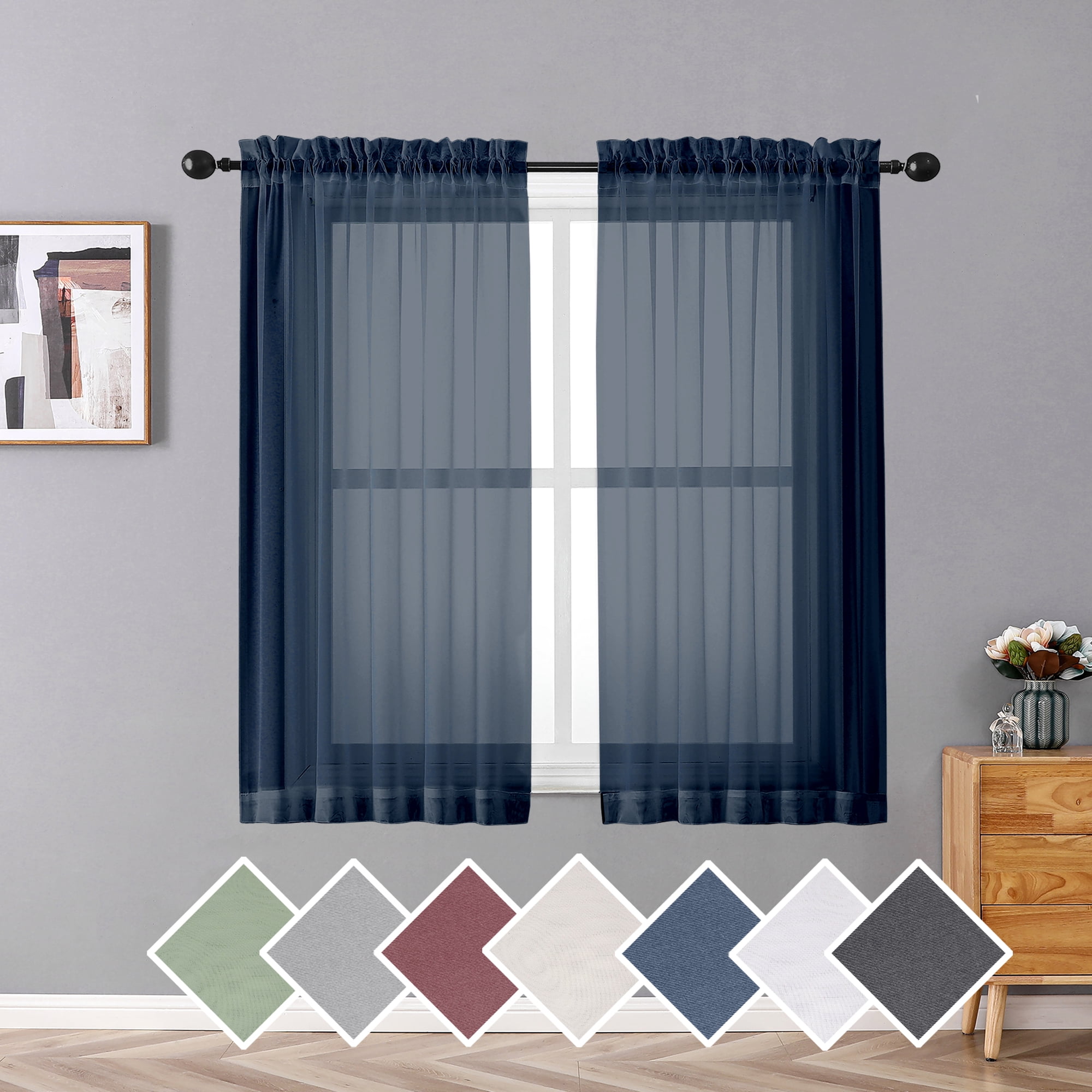 OVZME Voile Sheer Curtain Panels 54in Long 2 Pack, Short Bathroom Window Curtains for Small