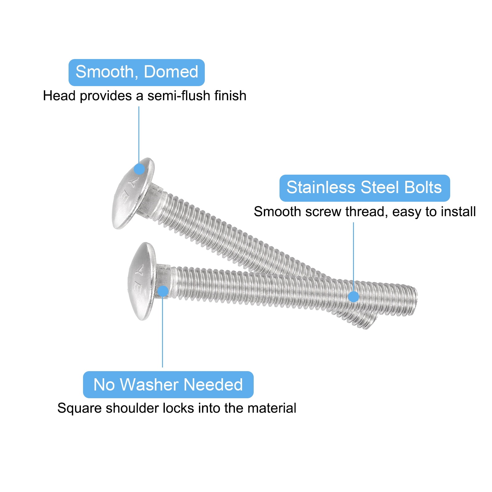 1/4-20x3" Carriage Bolt, 25pack Round Head Square Neck Screws, 304 Stainless Steel, Fully Threaded