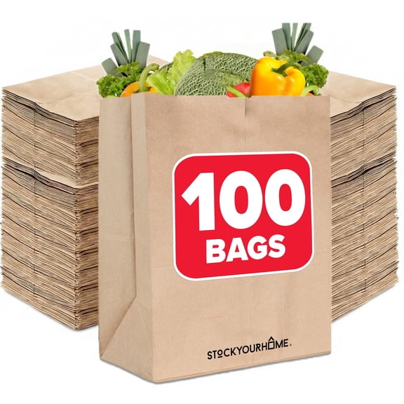 Stock Your Home 70 lb Kraft Brown Bags with Handles (100 Count), Large Grocery Bags Bulk for Shopping or Storage