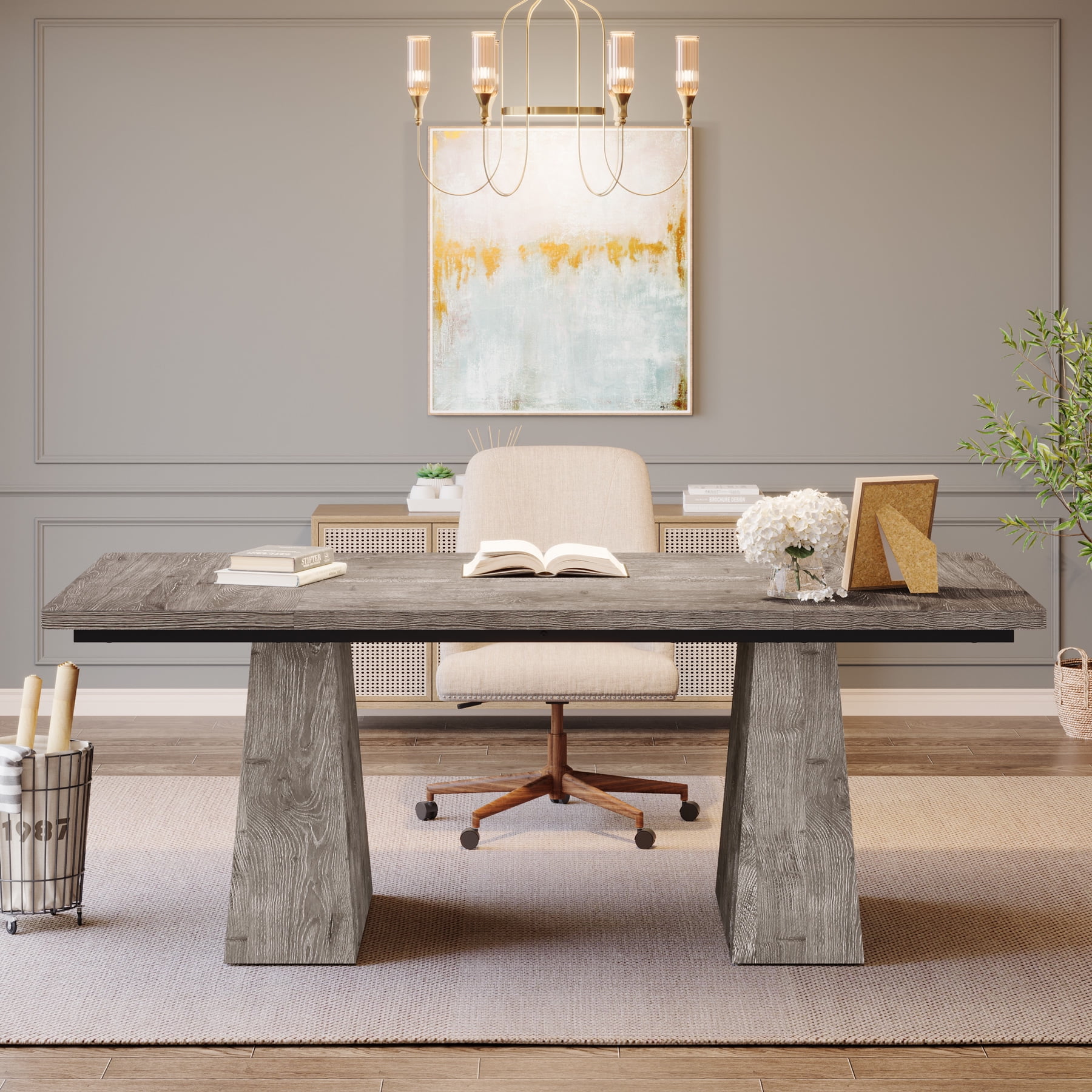 Tribesigns 63" Executive Desk, Modern Office Computer Desk with Double Pedestal, Large Simple Workstations Writing Table Conference Table, Grey