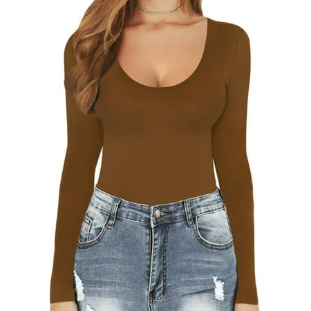 

NILLLY Rompers for Women Summer Long Sleeve Fit Solid Color Sexy Round Neckline Sling Bodysuit Vest Jumpsuit Coffee / S