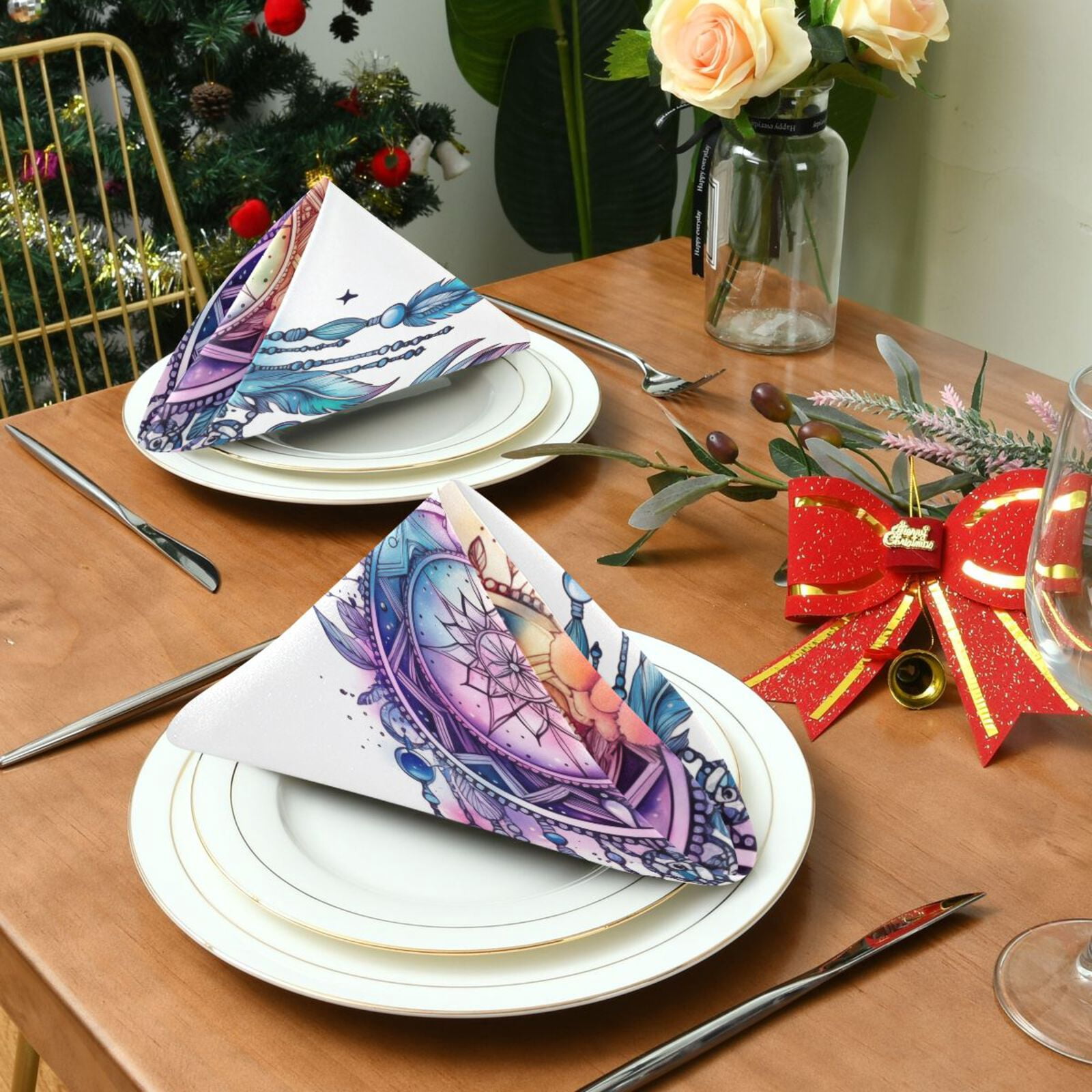 JSTEL Dreamcatcher Boho Stars Cloth Napkins Set of 6, 20x20 Inch Washable and Reusable Napkin for Decoupage Dinner Party Everyday Use