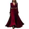 thumbnail image 2 of Women's Casual Dress Long Sleeve V-Neck Western Style Loose Fit Midi Dress for Spring Fall Daily,Wine,L, 2 of 5