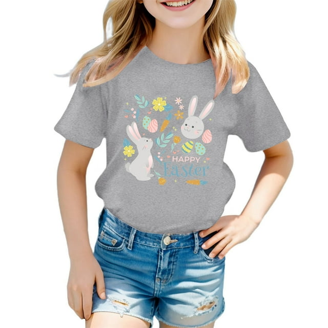 MIASHUI Boys Girls Easter Shirts Bunny Short Sleeve Tee Funny Rabbit Graphic T Shirts,Grey,5-6 Years