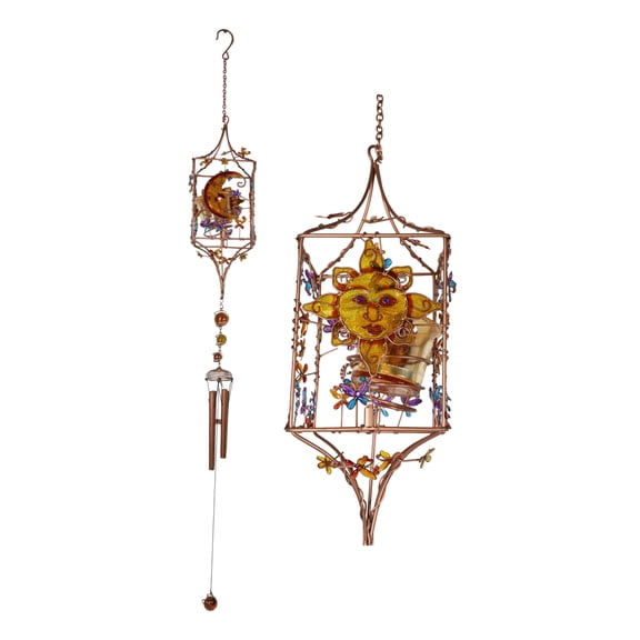 Celestial Sun Moon Christian Cross Art Glass Metal Candle Holder Wind Chime