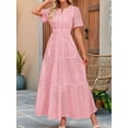 thumbnail image 5 of Women'S Summer Short Sleeve Maxi Dress Casual V Neck Hollow Out Eyelet Ruffle Swing A Line Long Dresses Pink L, 5 of 8