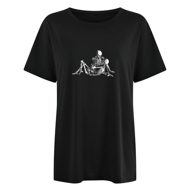 Hombres manga corta casual romántico esqueleto estampado hombro caído cuello redondo pulóver camiseta blusa Pompotops oipoqjl5409