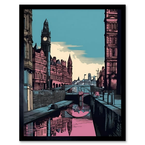 Leeds Canal Cityscape Pink and Teal Illustration Art Print Framed Poster Wall Decor 12x16 inch