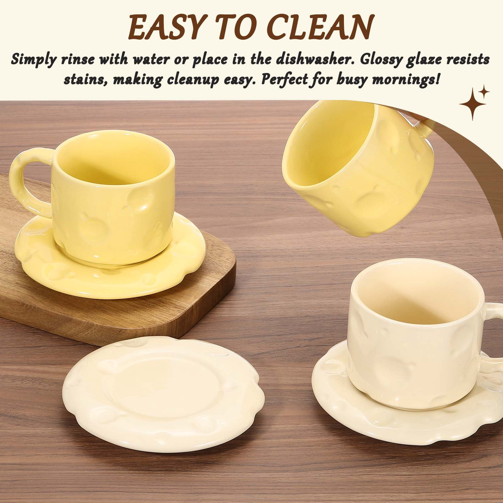 Uxcell 10oz Ceramic Coffee Mugs with Saucer Set, Creative Cute Cup with Handle Unique Irregular Design for Lovers Gift Tea Espresso Latte Kitchen Cafe, Dishwasher White