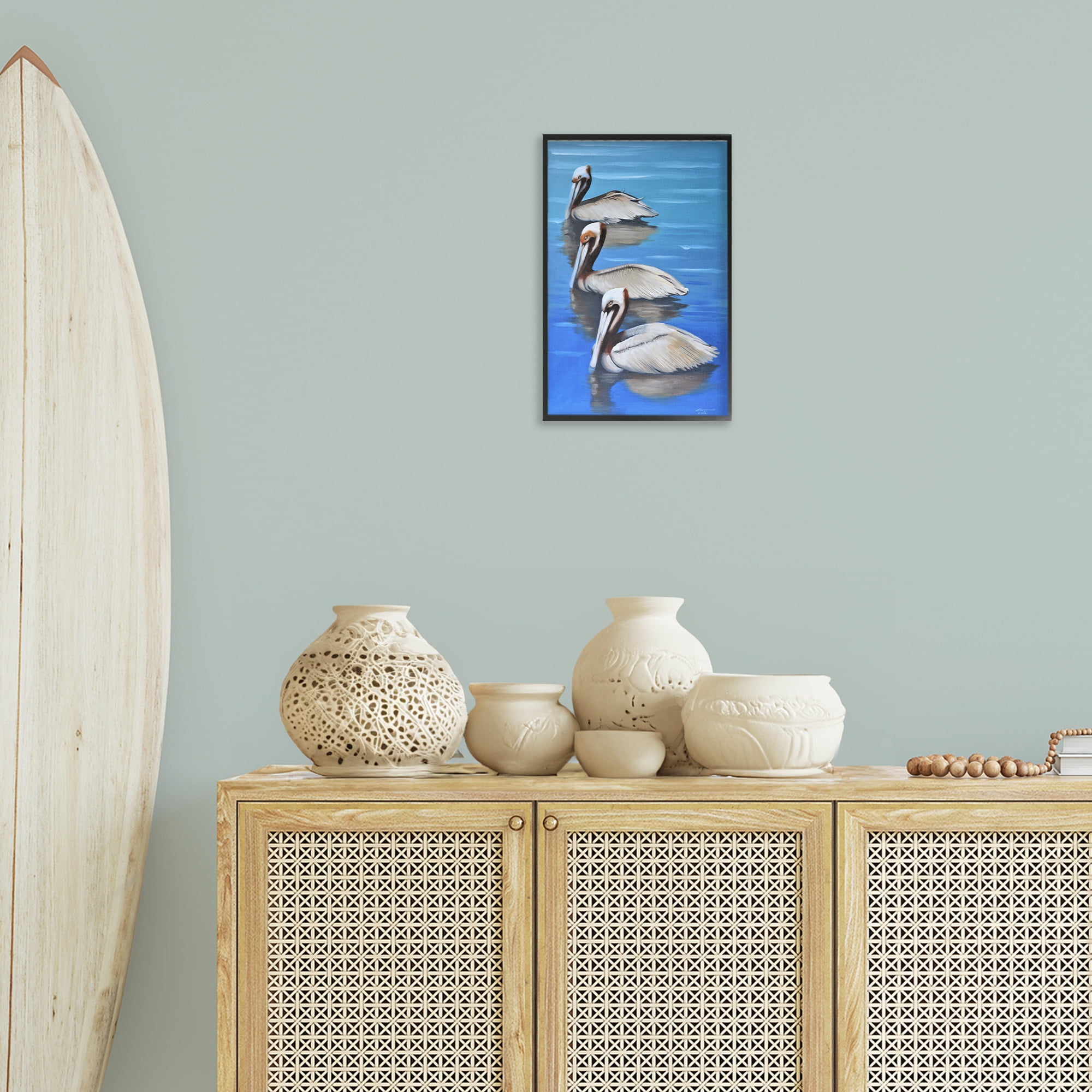 Stupell Industries Pelican Trio Drifting Animals & Insects Painting Black Framed Art Print Wall Art, 12 x 18