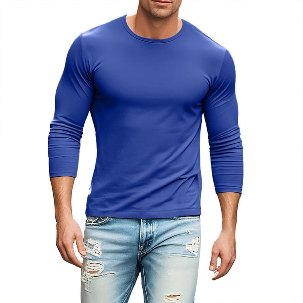 Camiseta básica informal de manga larga con degradado de color para hombre - Diseño ligero en el dobladillo, poliéster-spandex, tallas S-XXXL
