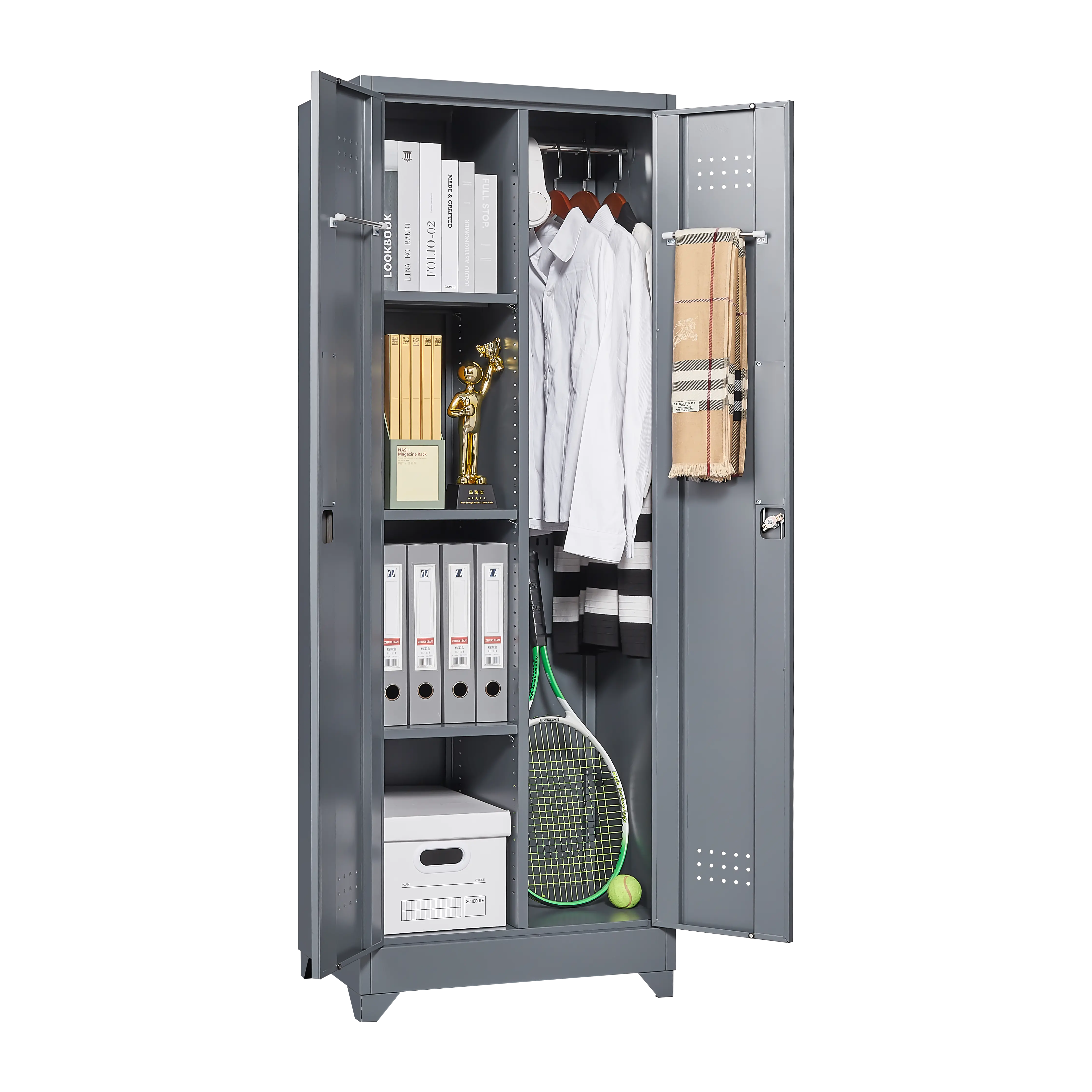 Aukfa 65" Metal Garage Storage Cabinets, Lockable Broom Closet Storage Cabinet with Shelves for Basement/Office/Laundry Room, Gray