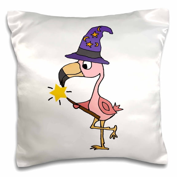 3dRose, Cute funny Pink Flamingo Witch or Wizard Halloween Cartoon, 16x16 inch Pillow Case