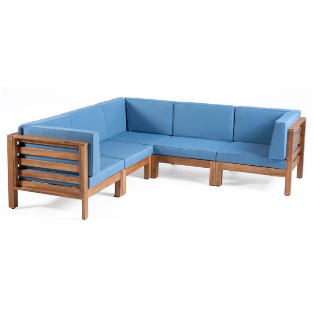 5Pc Outdoor VShaped Sectional Sofa Set in Teak and Blue