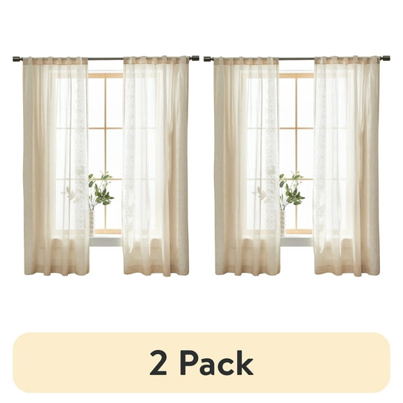 (2 pack) Better Homes & Gardens Embroidered Border Curtain Single Panel, Indoor, Rod Pocket/Back Tab, Papyrus Beige, 50" W x 95" L, Adult