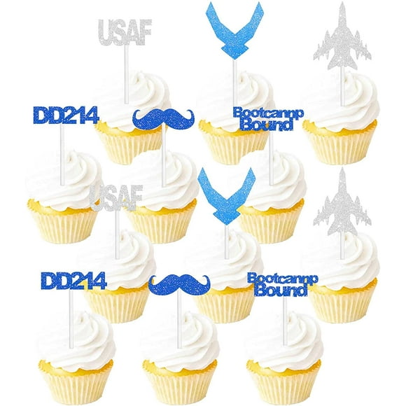 Navy Happy Birthday Dessert Cupcake Blue Glitter Air Force Soldier Theme Decorations Baby Shower Boy Girl Birthday Party Decor Supplies Set 18pcs - -
