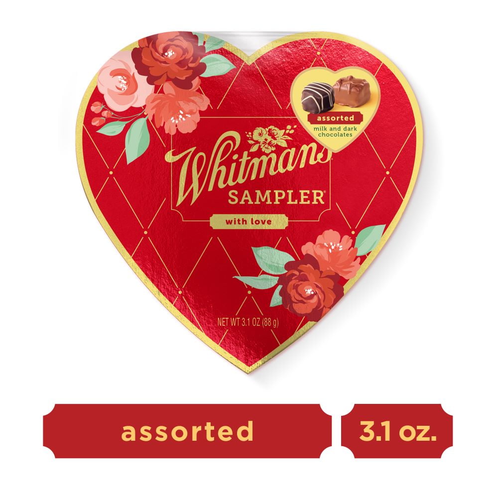 Whitman's Sampler Valentine's Day Red Foil Heart Milk & Dark Chocolate Gift Box, 3.1 oz. (5 Pieces)