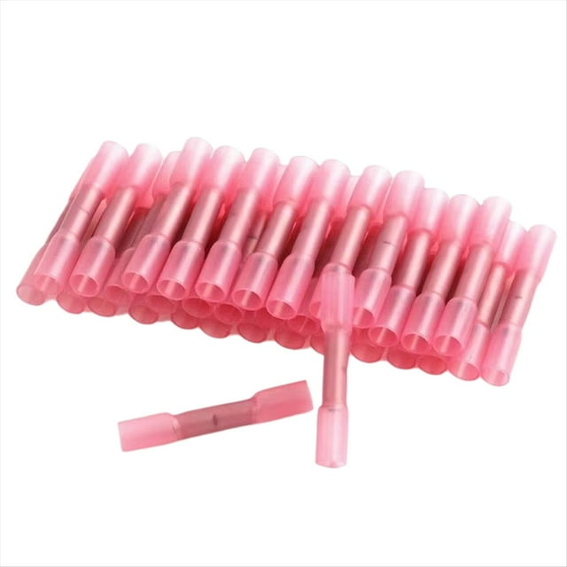 100 conectores termorretráctiles, aislados, impermeables, terminales de crimpado, sellados a , conector de cable eléctrico de 26-10 awg b Vista frontal de conectores rojos translúcidos alineados, con núcleo de cobre visible y tubo metálico de crimpado; forma cilíndrica con sección central estrecha, compatibles con cables 0.5–1.5 mm² (AWG 16–22), relación de contracción 3:1, indicados para aplicaciones marinas y automotrices; suelen emplearse también para reparaciones de cableado exterior.
