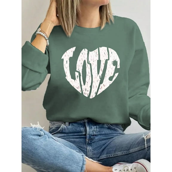 Crewneck Sweatshirt Love Heart Print Long Sleeve Shirt for Women