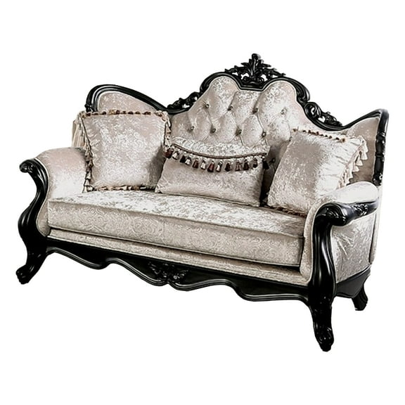 Paulo Loveseat, Off White Fabric, Carved Details, Black Solid Wood, 71 Inch