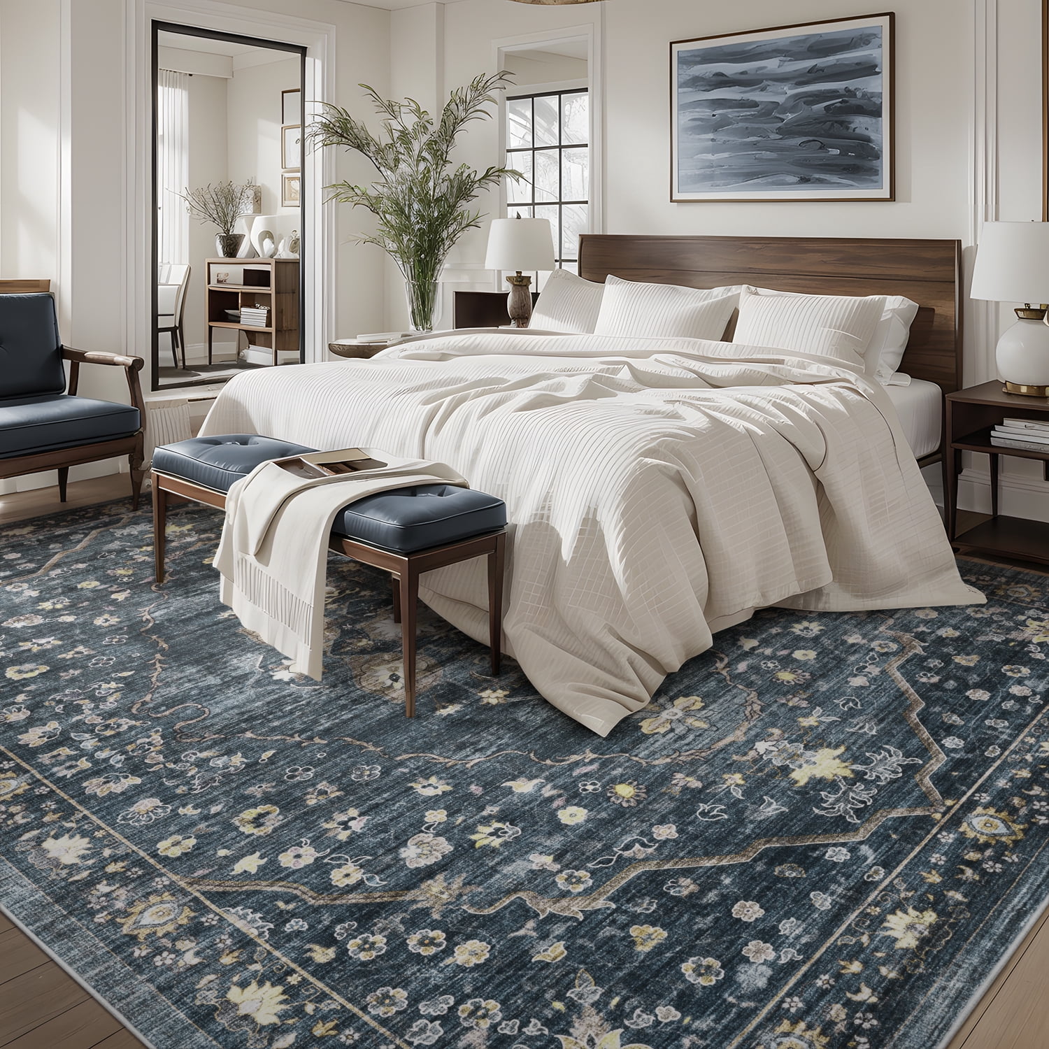 VUNATE 9'x12' Area Rugs for Living Room Washable Rugs Floral Vintage Area Rug Botanical Indoor Carpet Soft Rugs for Bedroom Office Dining Room Kitchen Accent Rug Contemporary Home Decor Navy