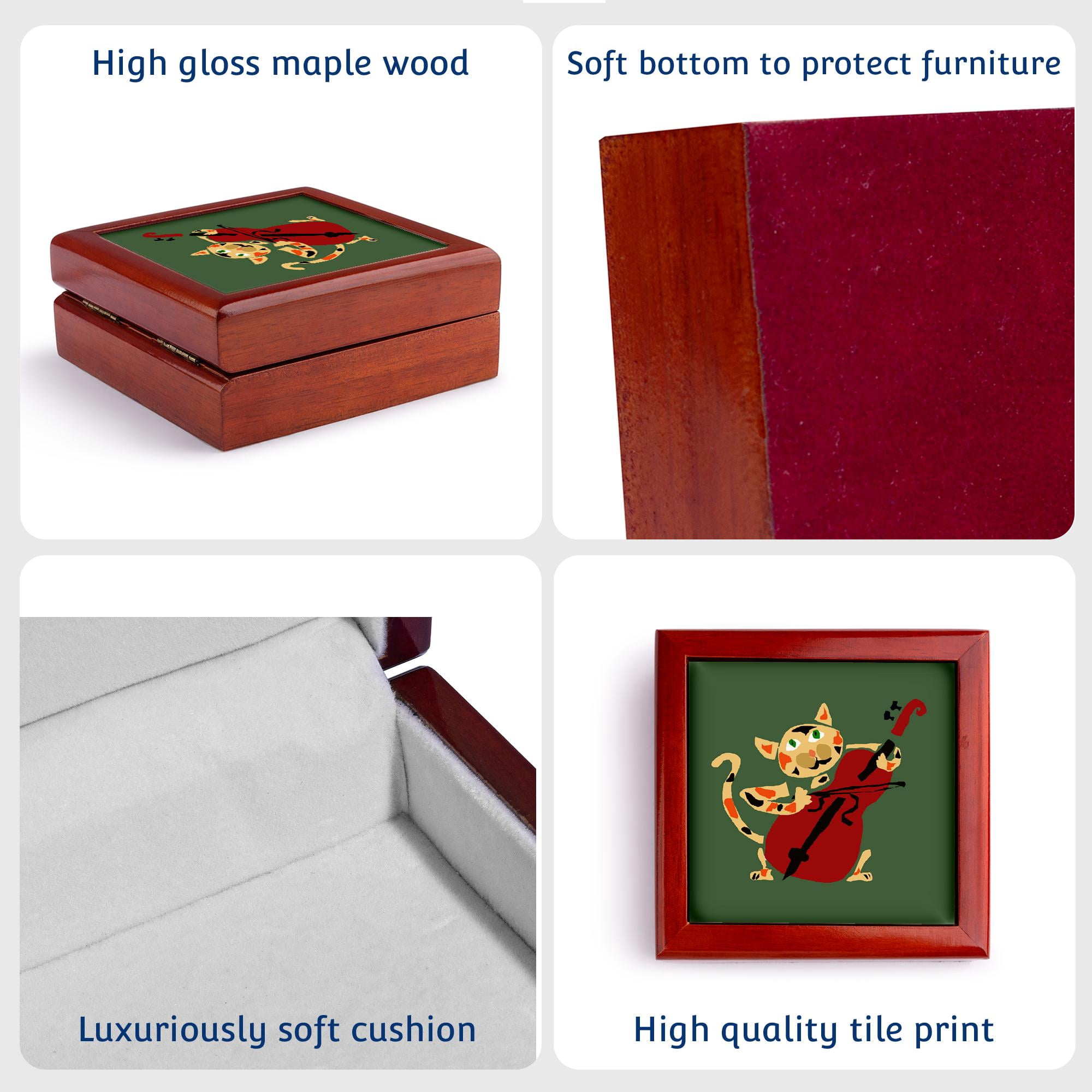 3dRose, Funny Calico Cat Playing Red Cello, Jewelry Box 5.5x5.5 inch with 4 inch tile