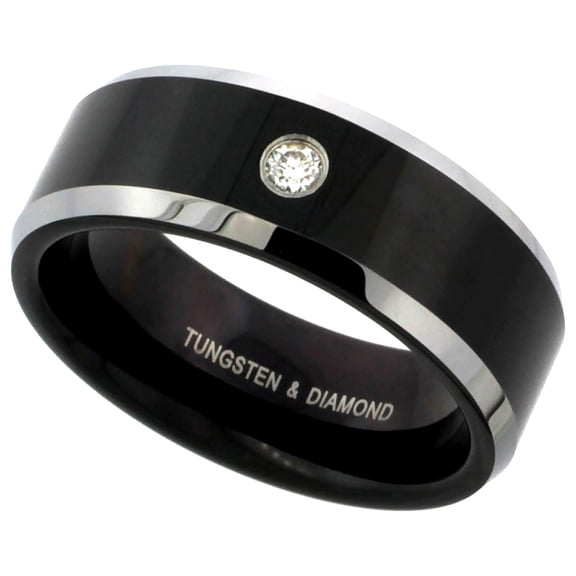 Black Tungsten Beveled Edges Diamond 0.07 cttw Wedding Band Rings 8mm