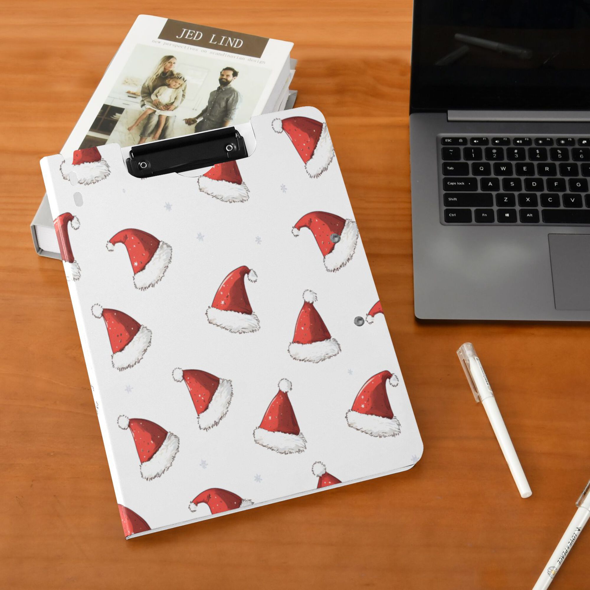 FORMRS A4 Clipboard Folder with Pen Holder Horizontal Foldable School Office Binder, Cute Santa Hats Pattern