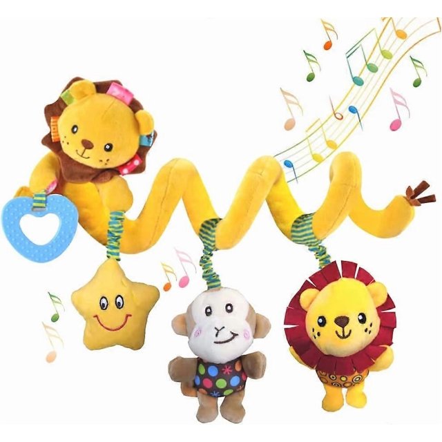 Hanging Car Seat Toys, Baby Activity Spiral Plush Toys with Music Box Rattles Monkey Lion Teether for Car Seat Stroller Crib Mobile, Animal Travel Toy
