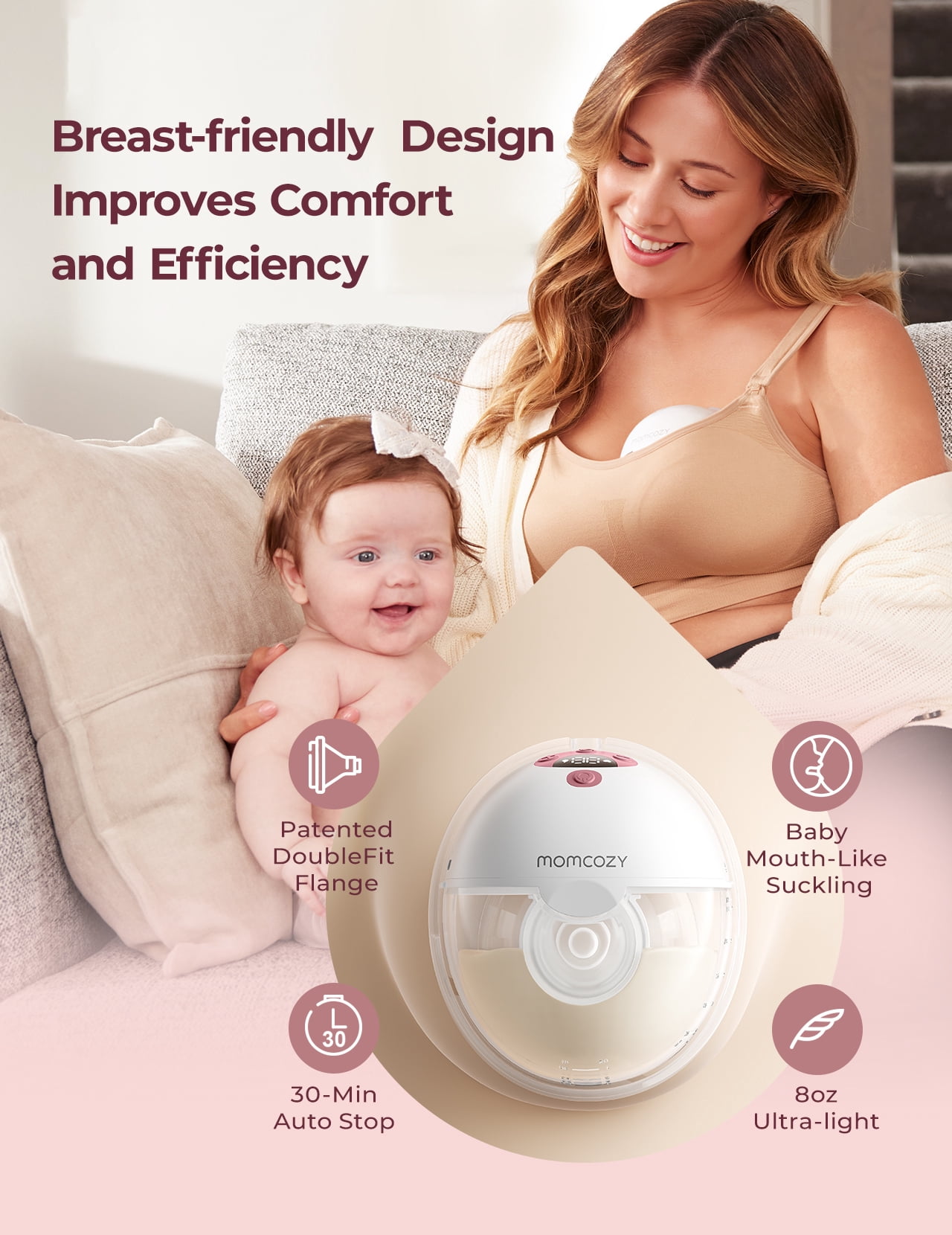 Momcozy M5 Smart App Control Hands Free Breast Pump, Double Wearable Breast Pump of Baby Mouth Double-Sealed Flange with 3 Modes & 9 Levels, Electric Pump Portable
