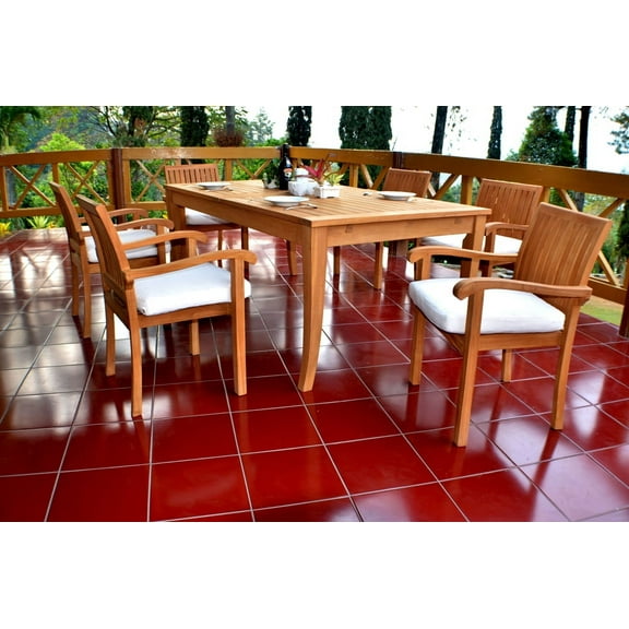 Teak Dining Set:6 Seater 7 Pc Atnas 118" Premium Double Extension Rectangle Table, 6 Napa Stacking Arm Chairs Outdoor Patio Grade-A Teak Wood WholesaleTeak #WMDSNP11