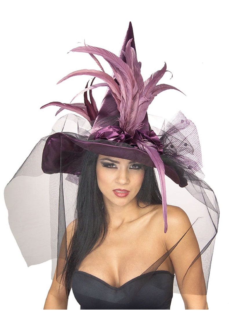 A633 Deluxe Witch Hat Black Feathers with Netting Halloween Costume Accessory 