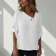 thumbnail image 4 of Olyvenn Women Cotton Linen Tops Causal Summer Shirts Rolled Sleeve Asymmetrical Neck T Shirts Solid Loose Blouses for Daily White L, 4 of 9