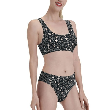 Uemuo Dog Paw Printed Women s High Waisted Bikini Sets Sporty Two Piece Swimsuits Color Block Cheeky High Cut Bathing Suits-Large