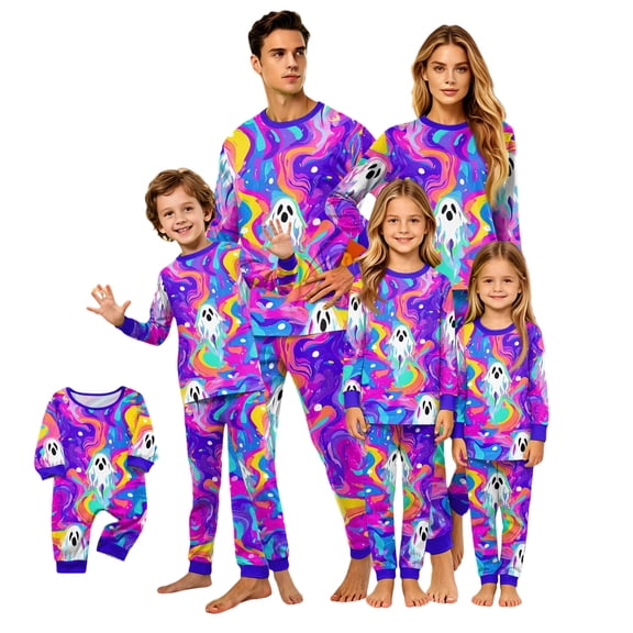 Matching Family Halloween Pajamas Set - 2026 Cute Ghost & Pumpkin Print Two-Piece Sleepwear Pjs - Family Matching Pajamas Soft Holiday Jumpsuit Loungewear for Family