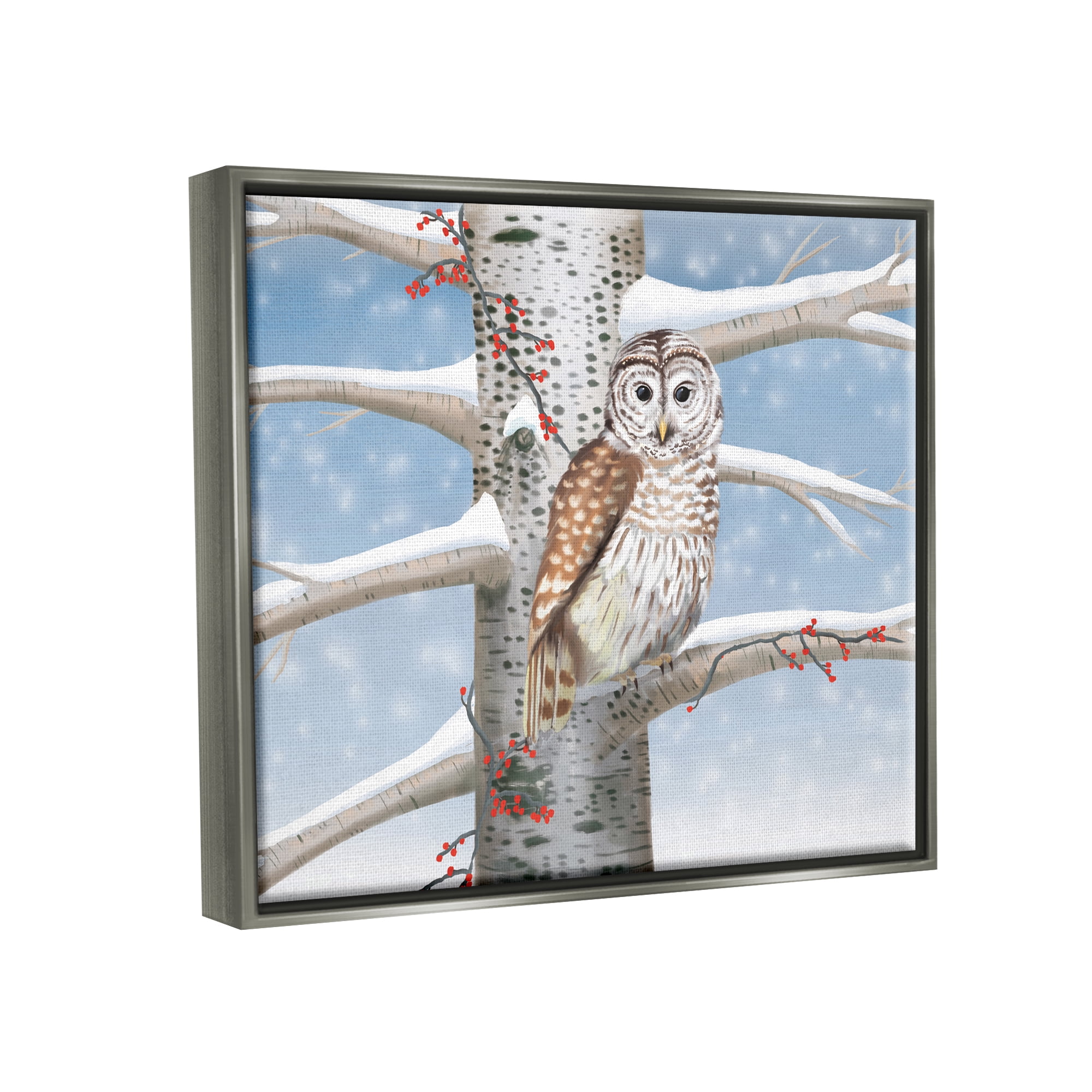 Stupell Industries Snowy Birch Tree Owl Holiday Painting Gray Floater Framed Art Print Wall Art