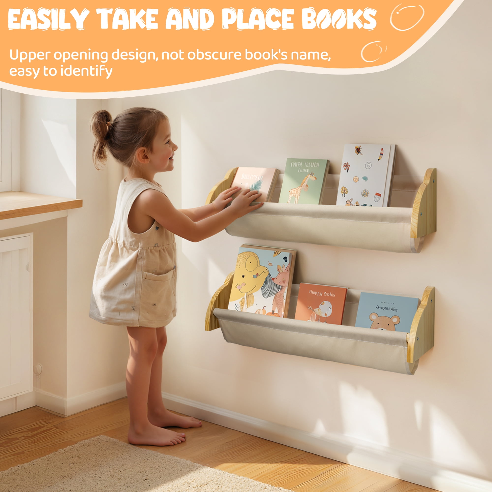 Sumgar Nursery Book Shelves for Kids Rooms Floating Shelf for Wall Mount Book Storage Wooden Organizer Rack for Toddler Baby Childrens Bedroom Playroom, Canvas Set of 2, Home Decor Gift for Christmas