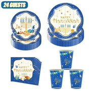 Hanukkah Celebration Dinnerware Set for 24 Guests 7" And 9" Plates,9 oz Cups, Luncheon Napkins Happy Chanukah Tableware Blue Paper Menorah Party Paper Plate Goods Supplies Decorations