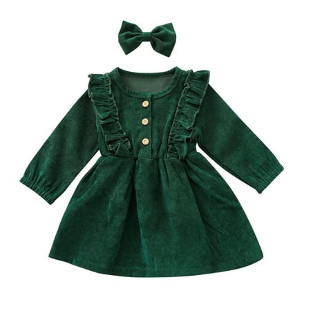 

Utoimkio Baby Girl Dresses Long Sleeve Princess Dresses for Girls Toddler Baby Kids Girls Solid Ruffle Botton Dress Princess Dress +Hairband Sets