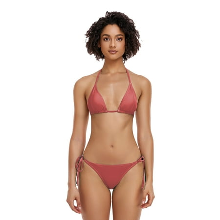 LIORA Women s Bikini Swimsuit Triangle Top Side Tie Bottom Bikini Swimwear  Bean Paste