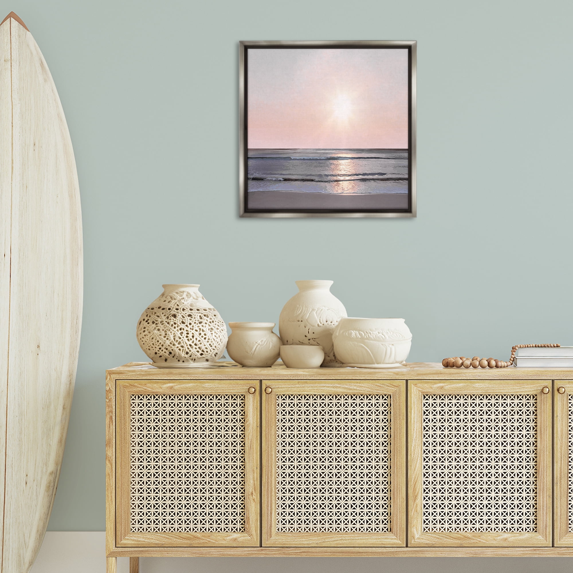 Stupell Industries Peach Sunrise over Beach Nautical & Beach Photography Gray Floater Framed Canvas Art Print Wall Art, 25 x 25