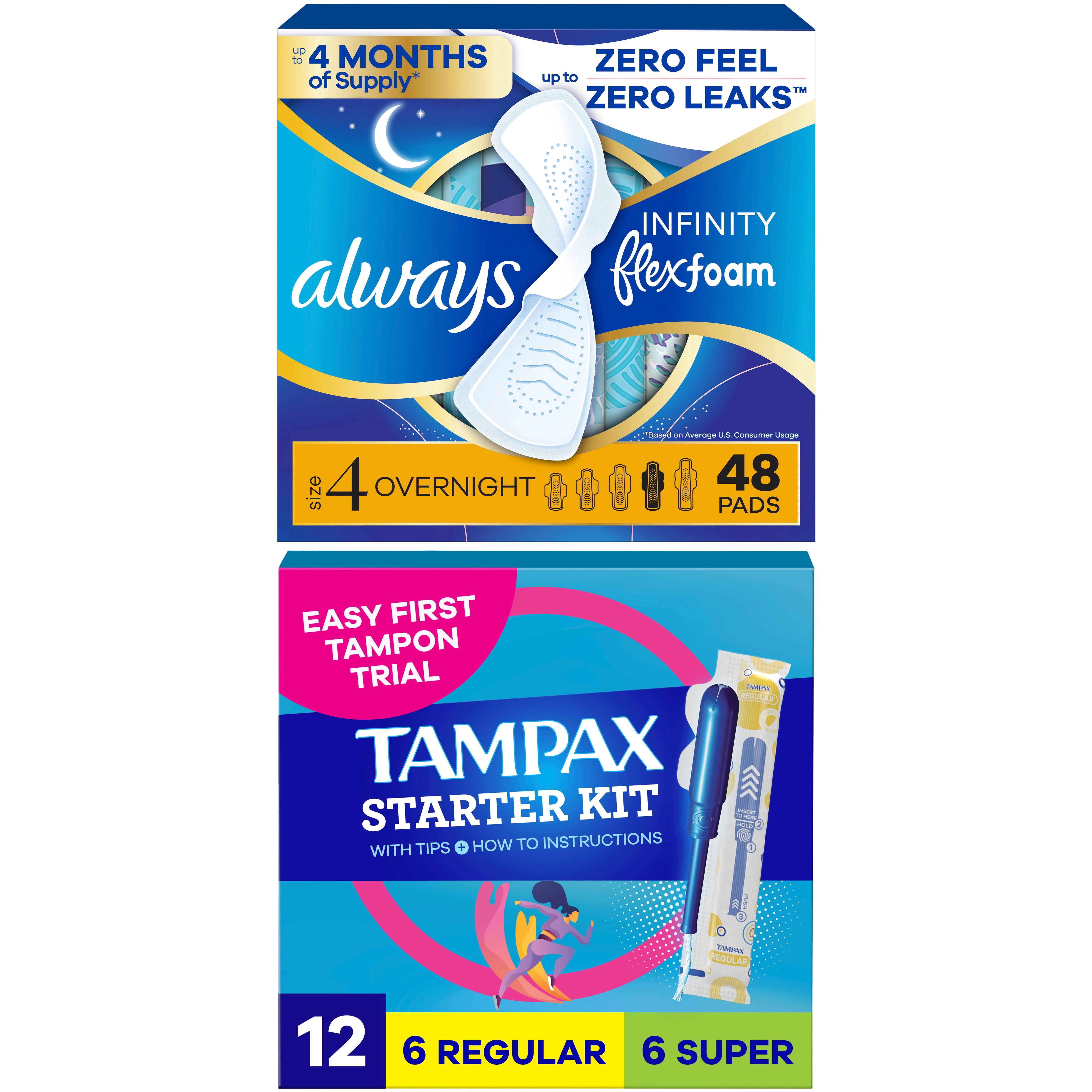 [Buy Pads Get Tampons FREE] Buy Always Pads, Infinity Flexfoam Size 4, Overnight, Wings, 48 Count, GET Tampax Pearl Starter Kit Multipack with Regular/Super, 12 count FREE