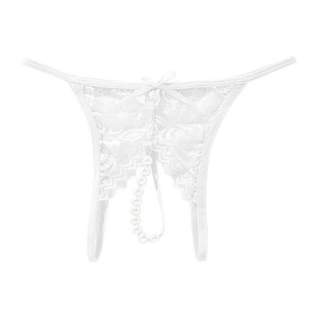 HYSYSB Crotchless Underwear for Women thongs for Women plus Size G String thong Panties for Women pearl Massage Female Open Crotch Lace Transparent Thong micro Thongs for Women White XL
