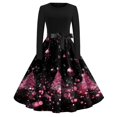 thumbnail image 2 of Christmas Dresses for Women Women's Christmas Printed Round Neck Big Hem Skirt Pleated Skirt Long Sleeved Dress with Christmas Tree Print for Holiday Party,Hot Pink,L, 2 of 5